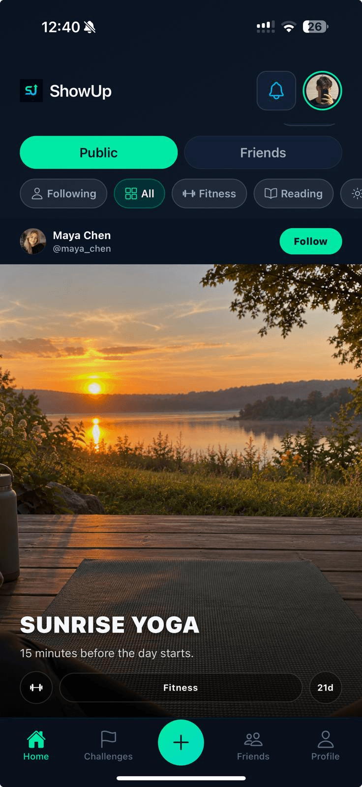 ShowUp home feed with Public challenges, including Sunrise Yoga